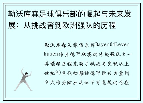 勒沃库森足球俱乐部的崛起与未来发展：从挑战者到欧洲强队的历程